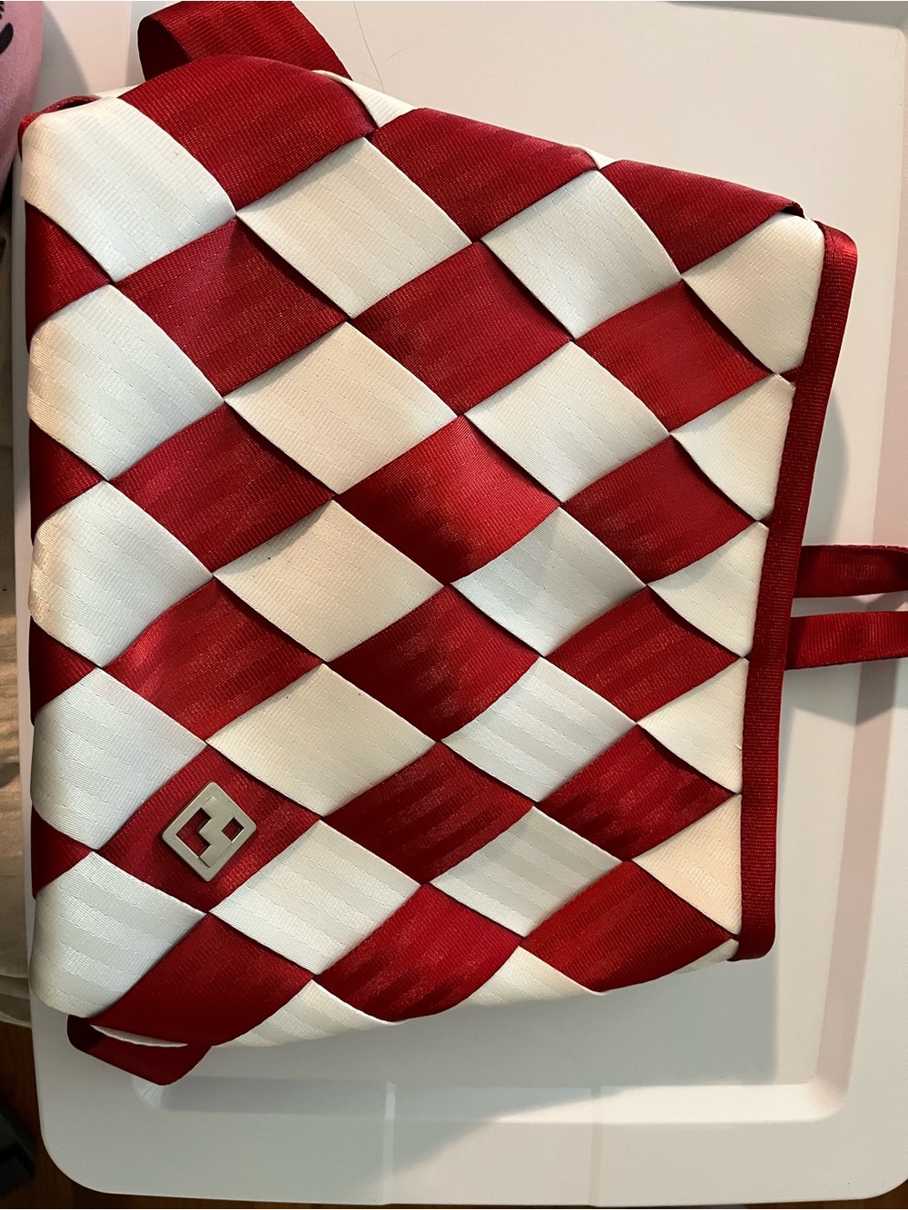 Maggie Bags Red & White woven seatbelts. Backpack purse